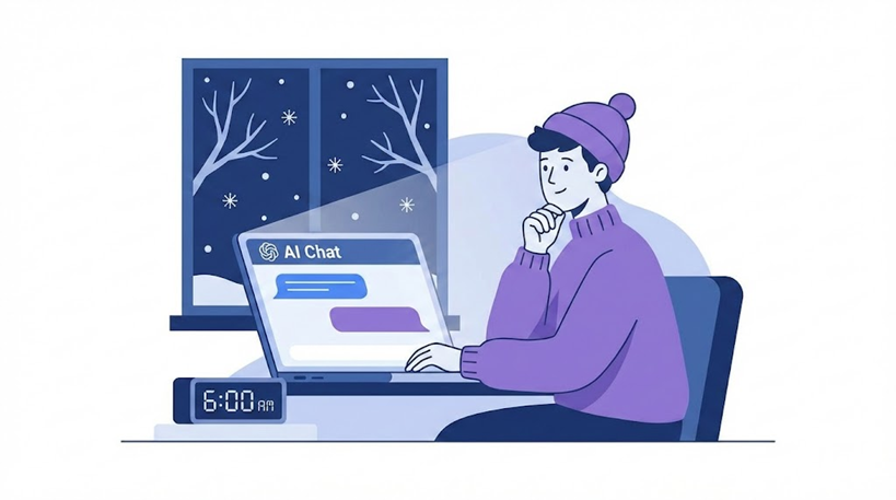 薄暗い冬の朝、PCの光に照らされながら決意を固める姿