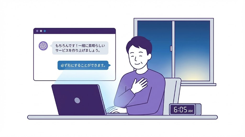 An image of a 40-something person feeling relieved and encouraged by a warm message from AI in front of a computer early in the morning