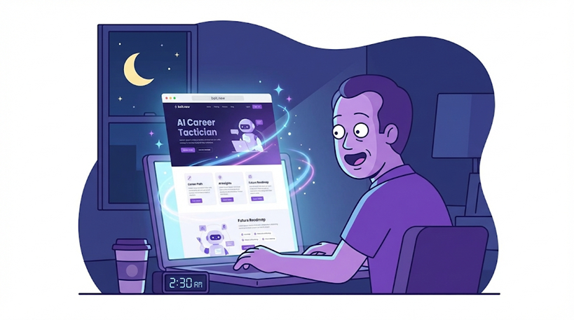 Illustration of the author with a look of astonishment as a website is instantly generated on the bolt.new screen