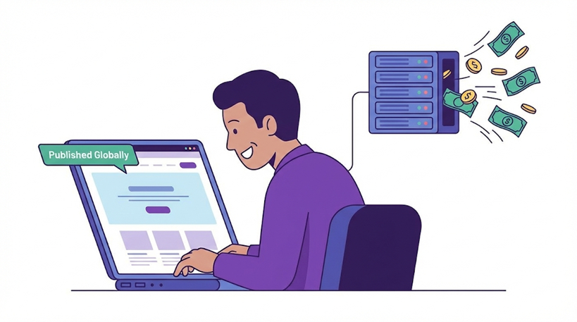 세계 공개의 기쁨에 잠긴 필자의 등 뒤로 서버에서 돈이 흘러나오는 모습을 그린 일러스트