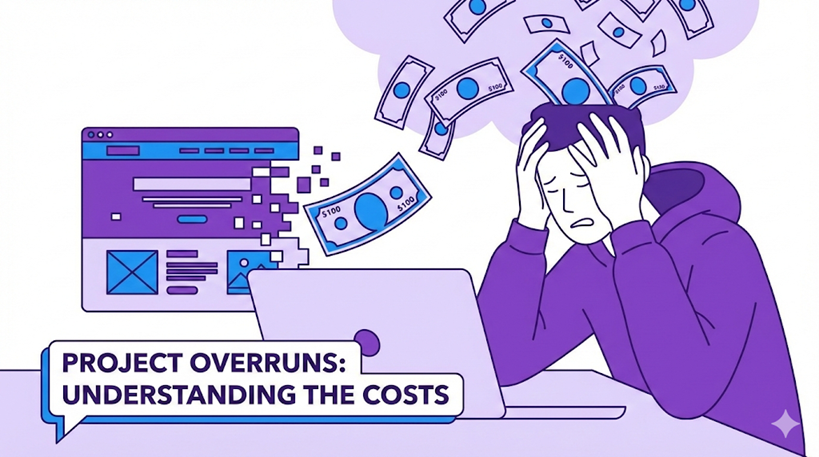 画面のレイアウトが崩れ、パソコンから100ドル札が飛んでいくのを見て頭を抱える40代のイラスト