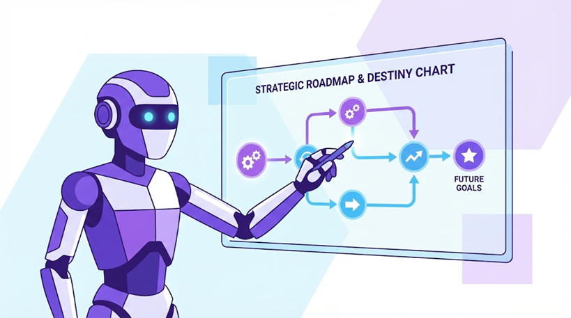 AI 군사 로봇이 디지털 화면에서 전략적 로드맵과 운세 차트를 가리키고 있는 플랫 디자인 일러스트