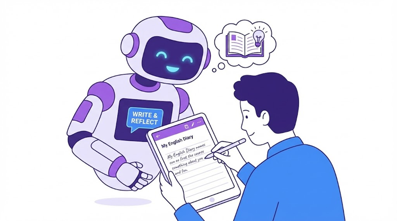 A flat design illustration of a friendly AI robot helping a user write an English diary