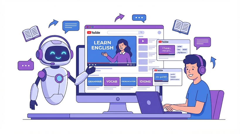 YouTube動画を使ったAI英語学習をイメージした、紫と青を基調としたミニマリストなイラスト