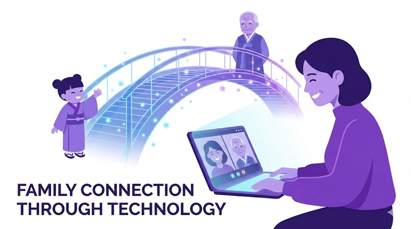 パソコンに向かう母親の背景で、日本人の子供と韓国人の祖父が光の架け橋で繋がっている感動的なイラスト