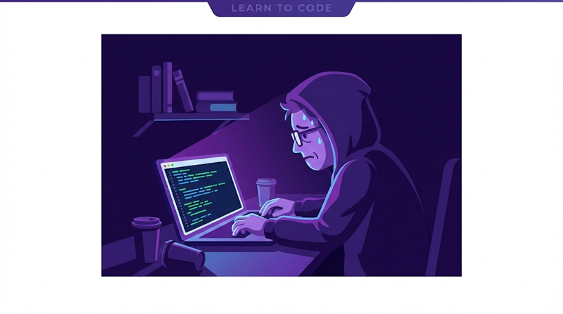 深夜の暗い部屋で、パソコンの黒い画面（ターミナル）に向かって疲労困憊しながらも必死にタイピングする40代のイラスト