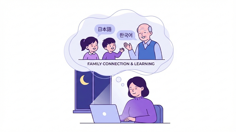 Illustration of a mother working at her laptop late at night, smiling as she imagines her Japanese-speaking children and Korean-speaking father happily communicating