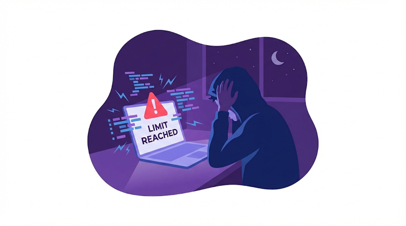 심야의 컴퓨터 앞에서 붕괴된 코드와 한도 도달 경고를 보며 절망하여 머리를 감싸 쥐는 40대의 일러스트