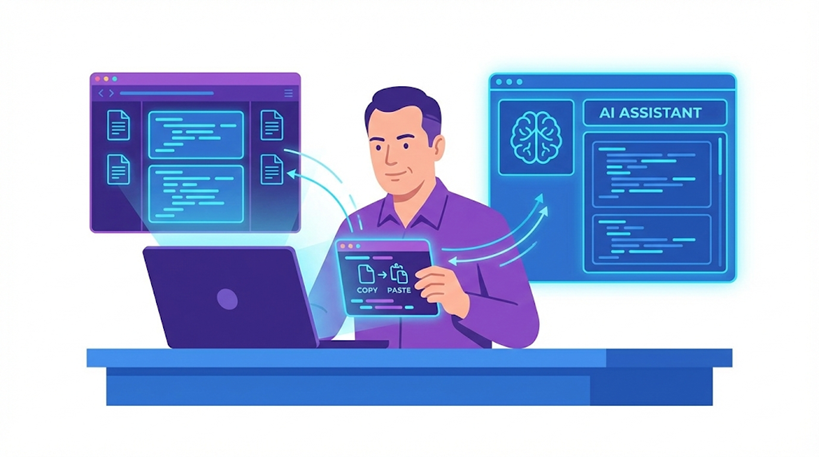 自信に満ちた表情で、整理されたコードブロックをAIとパソコンの間で手作業で構築していく40代のイラスト