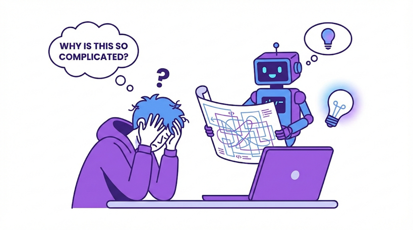 Illustration of a developer holding their head in frustration while asking a question to an AI robot holding a complex blueprint