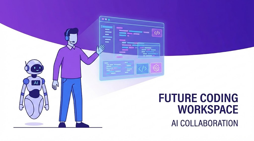AI 에이전트와 협업하여 프로그래밍하는 엔지니어 일러스트